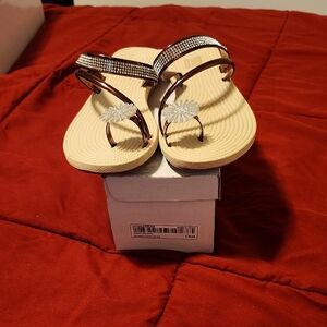 Cream and Silver Flat Sandals with Metallic Straps